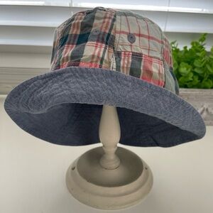 LL Bean Madras Plaid Denim Reversible Bucket Hat Cotton Size L